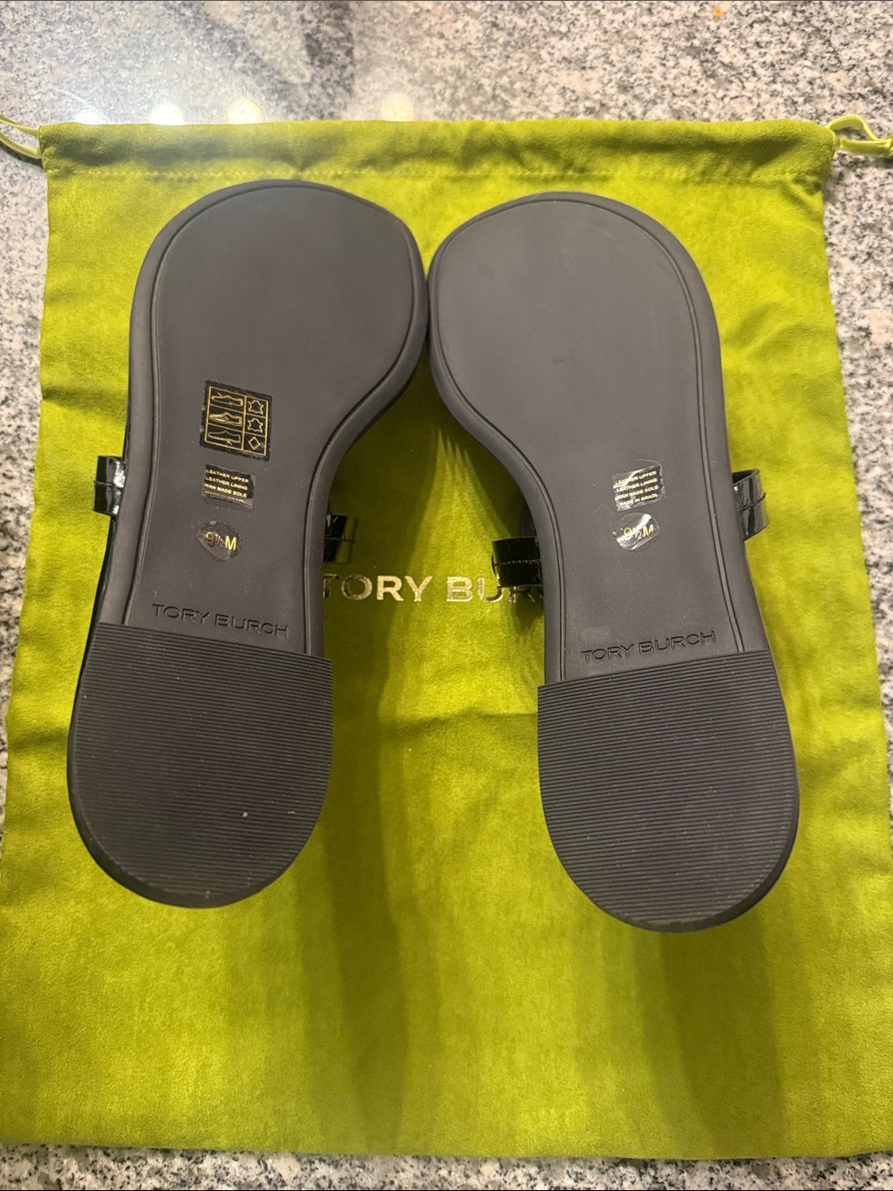 Tory Burch Black Patent Miller Logo Thong Sandals with Gold Accents - Picture 3 of 3
